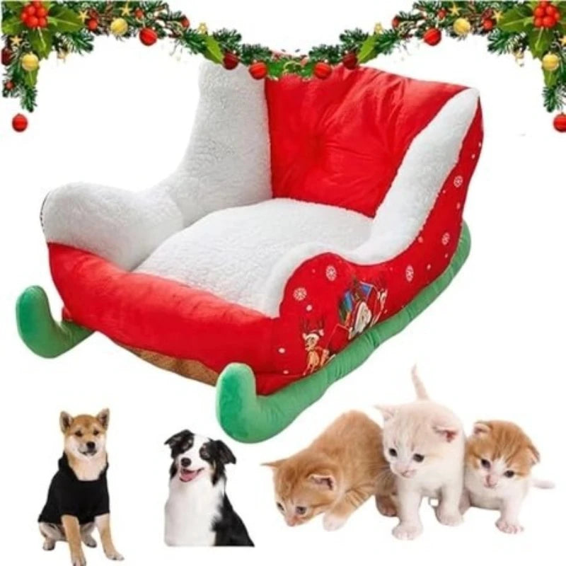 Christmas Dog Bed Red Christmas Sleigh Pet Bed Plush Indoor Outdoor Dog Sofa Bed Washable Holiday Themed Pet Nest for Cats Dogs