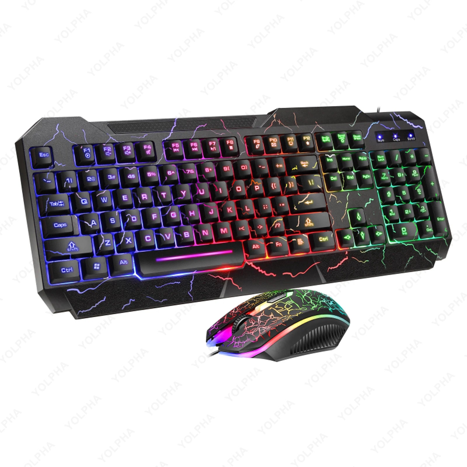 Комплект геймърска клавиатура и мишка Crack Rainbow Glow с подсветка, светеща геймърска периферия, ергономична механична клавиатура и мишка