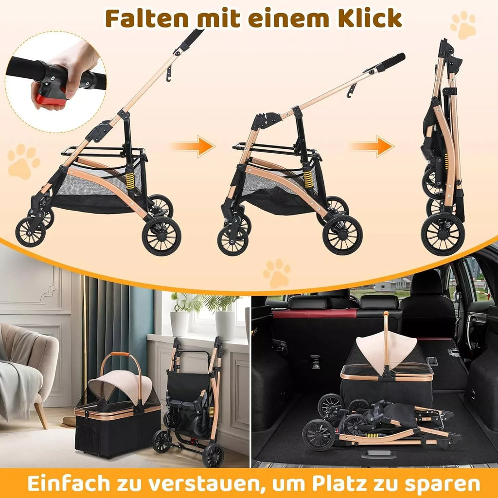 Hundebuggy 2 in 1 Kinderwagen Hundebox Transport Faltbarer Katzenbuggy, 360° verschleißfeste Gummiräder, mit Ablagekorb