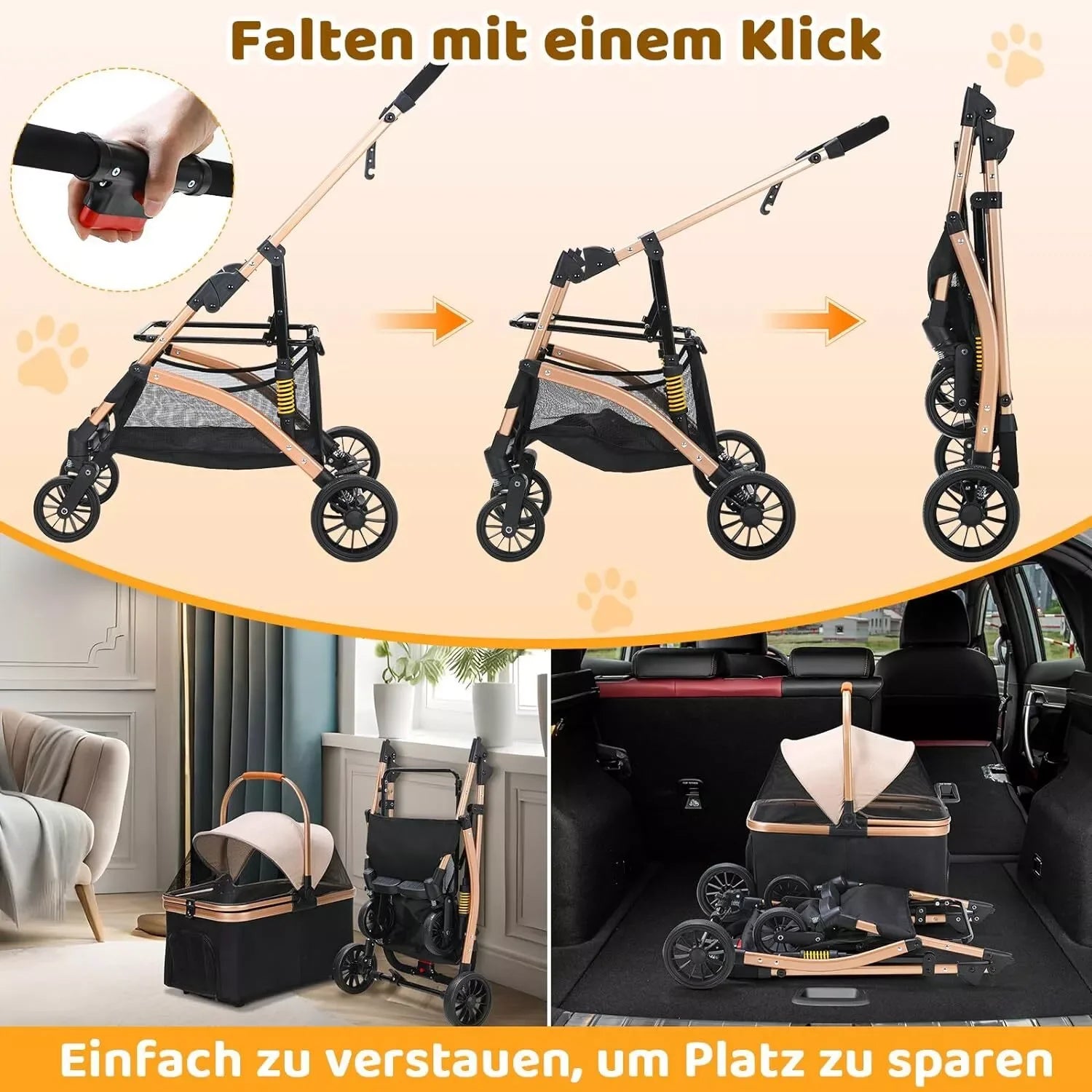 Hundebuggy 2 in 1 Kinderwagen Hundebox Transport Faltbarer Katzenbuggy, 360° verschleißfeste Gummiräder, mit Ablagekorb