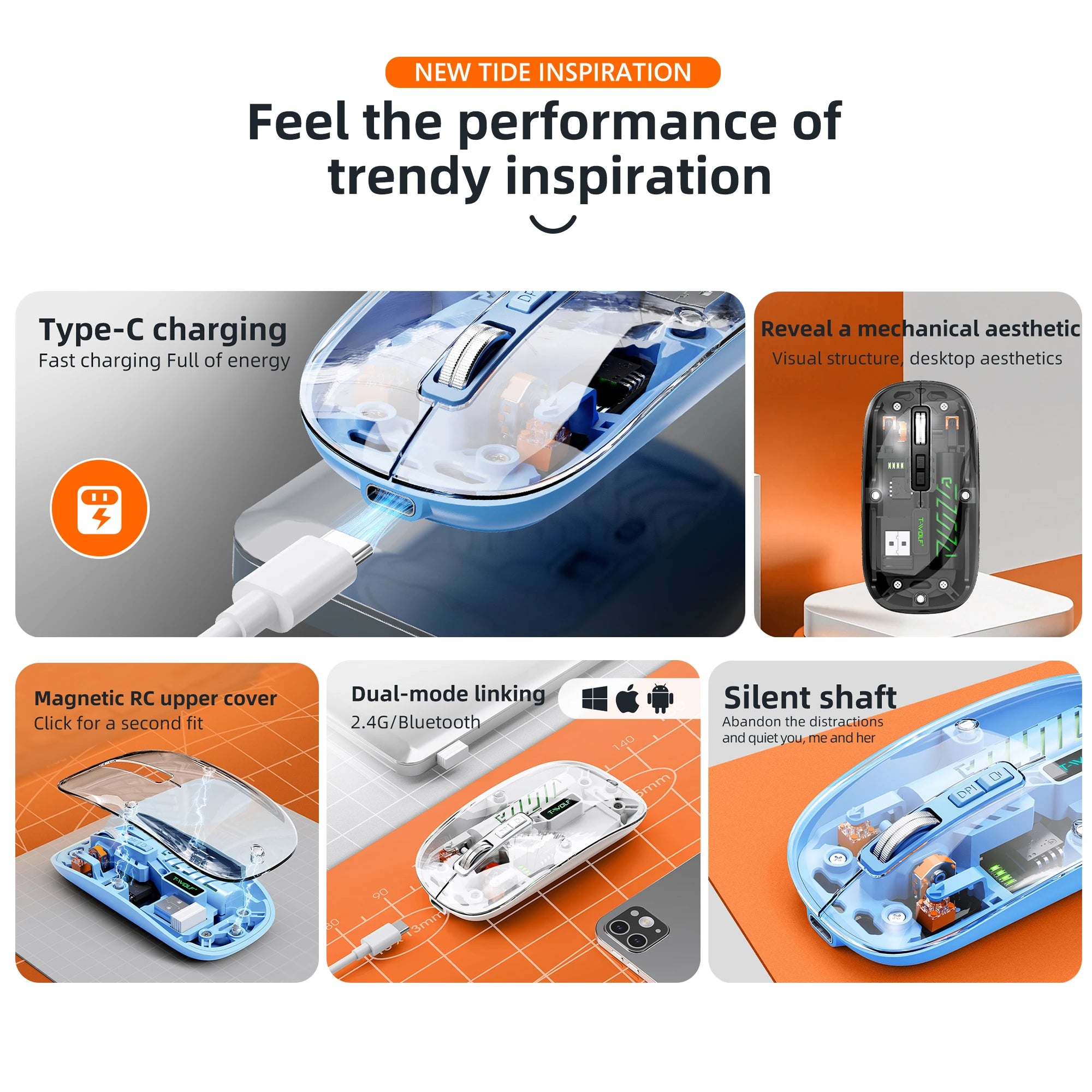 Transparent Wireless Mouse Dual Mode Bluetooth-compatible Rechargeable Mouse Noiseless Cordless Computer Mice Perspective Design