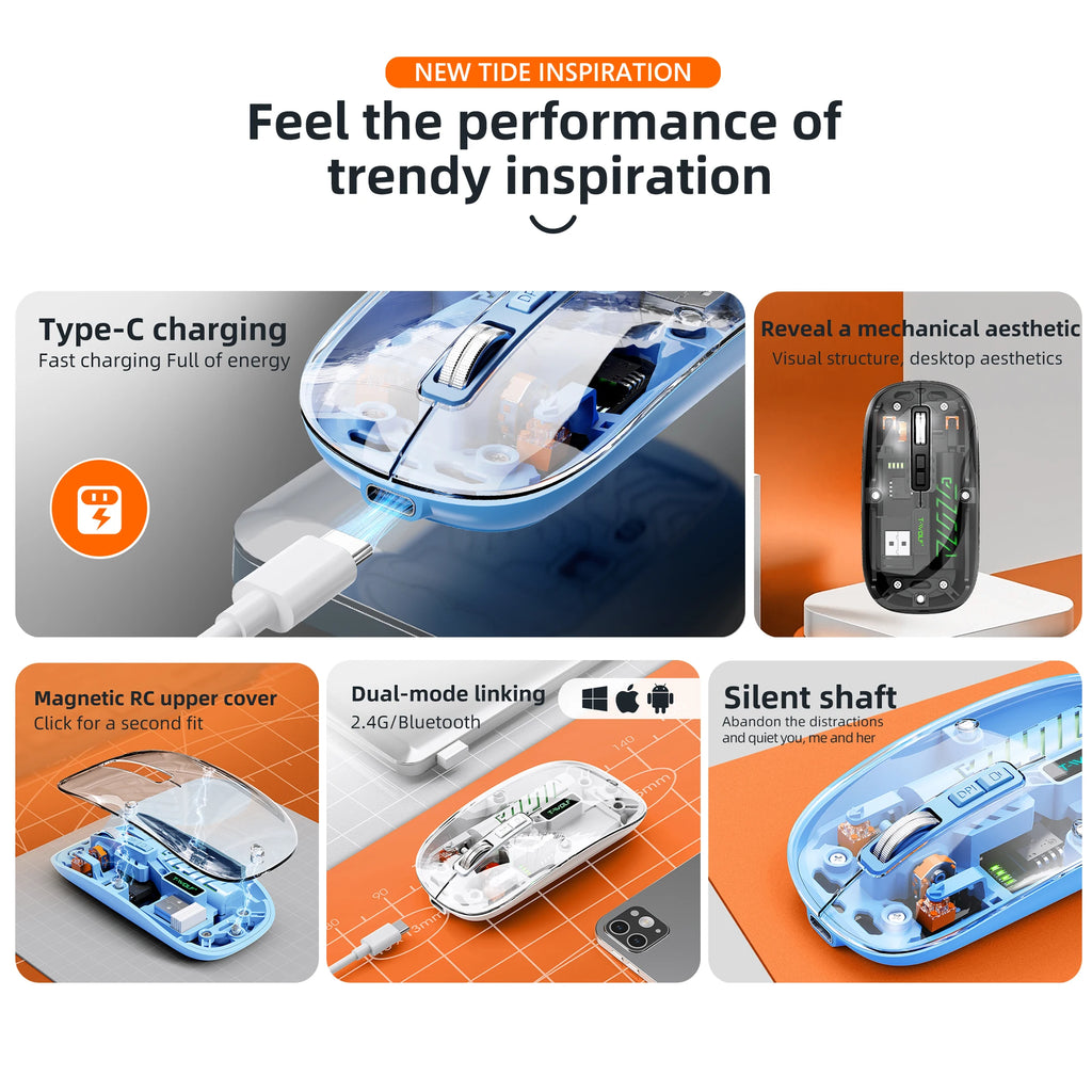 Transparent Drahtlose Maus Dual Modus Bluetooth-kompatibel Wiederaufladbare Maus Geräuschlos Cordless Computer Mäuse Perspektive Design