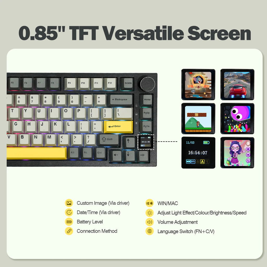 Ajazz AK820 Pro 75 % dichtungsmontierte Bluetooth 5.1/2,4G Wireless/Type-C Kabelgebundene mechanische Tastatur mit TFT-Bildschirm für Mac/Win