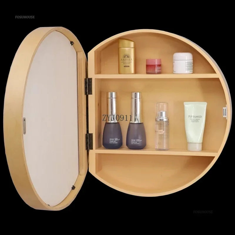 Nordic LED Smart Bathroom Mirror Cabinets Solid Wood Oval Bathroom Wall Hanging Round Vanity Mirrors with Storage Shelf b