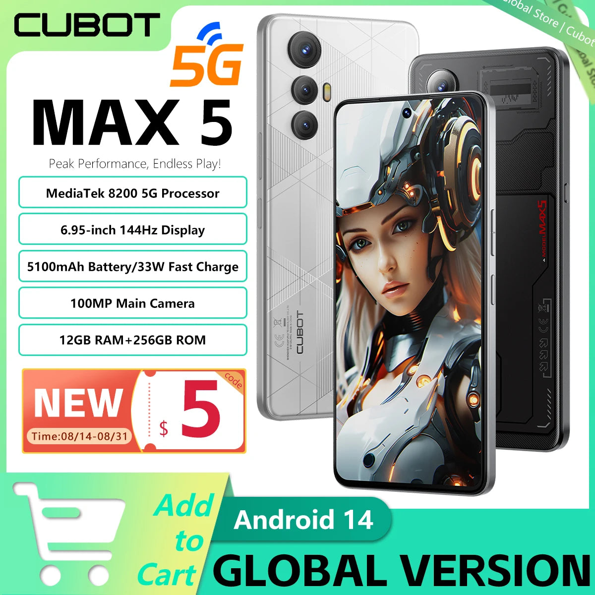 5G-Smartphone CUBOT MAX 5 Dimensity 8200 6,95 Zoll 144 Hz großer Bildschirm 12 GB RAM + 256 GB ROM 5100 mAh Akku Gaming-Telefon NFC Android 14