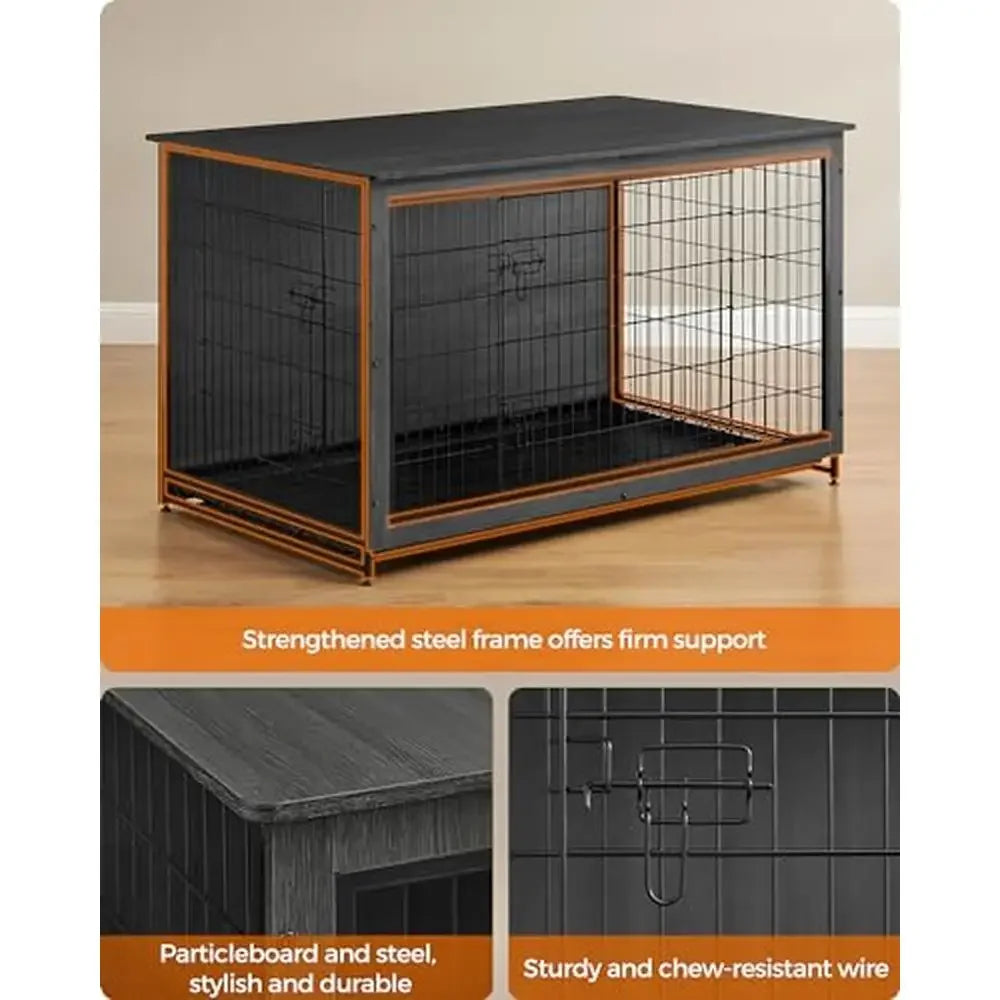 Heavy-Duty Dog Crate Furniture Kennel Double-Door Cage Tray Indoor Use 105lb Stainless Steel Particleboard Modern Home Decor