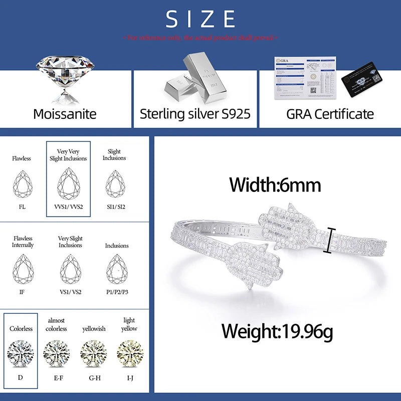 Iced Out Moissanite Hamsa Hand Opening Bracelet For Women Men 925 Sterling Silver Bangle Jewelry Luxury Gift Passed Diamond Test