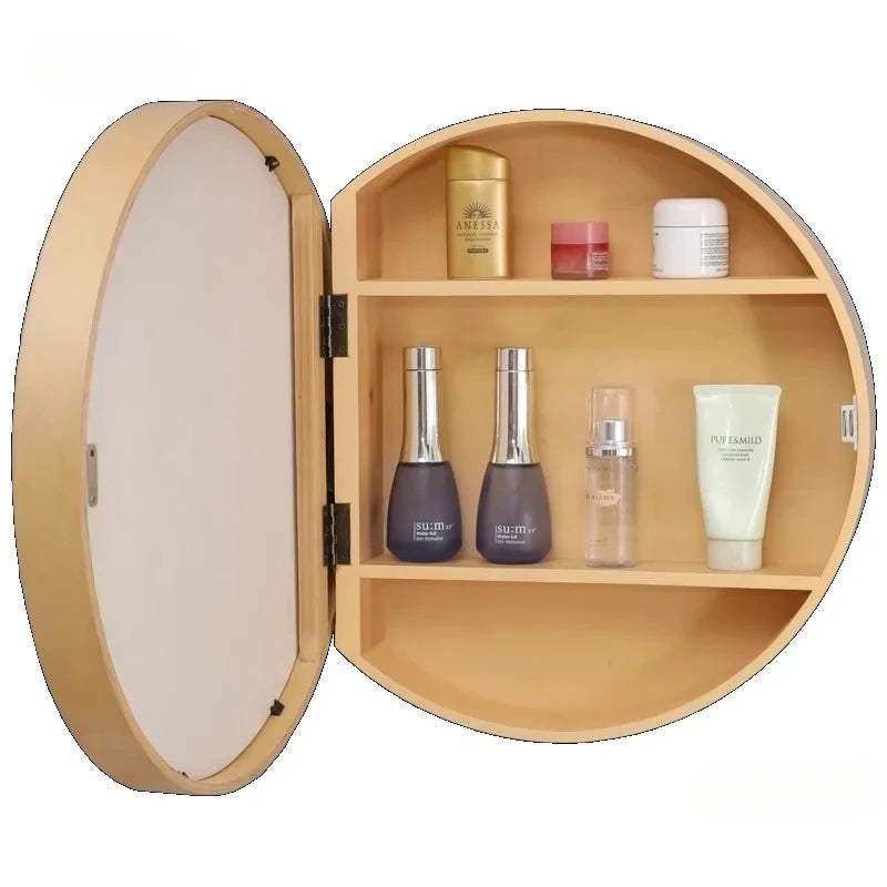 Nordic LED Smart Bathroom Mirror Cabinets Solid Wood Oval Bathroom Wall Hanging Round Vanity Mirrors with Storage Shelf b