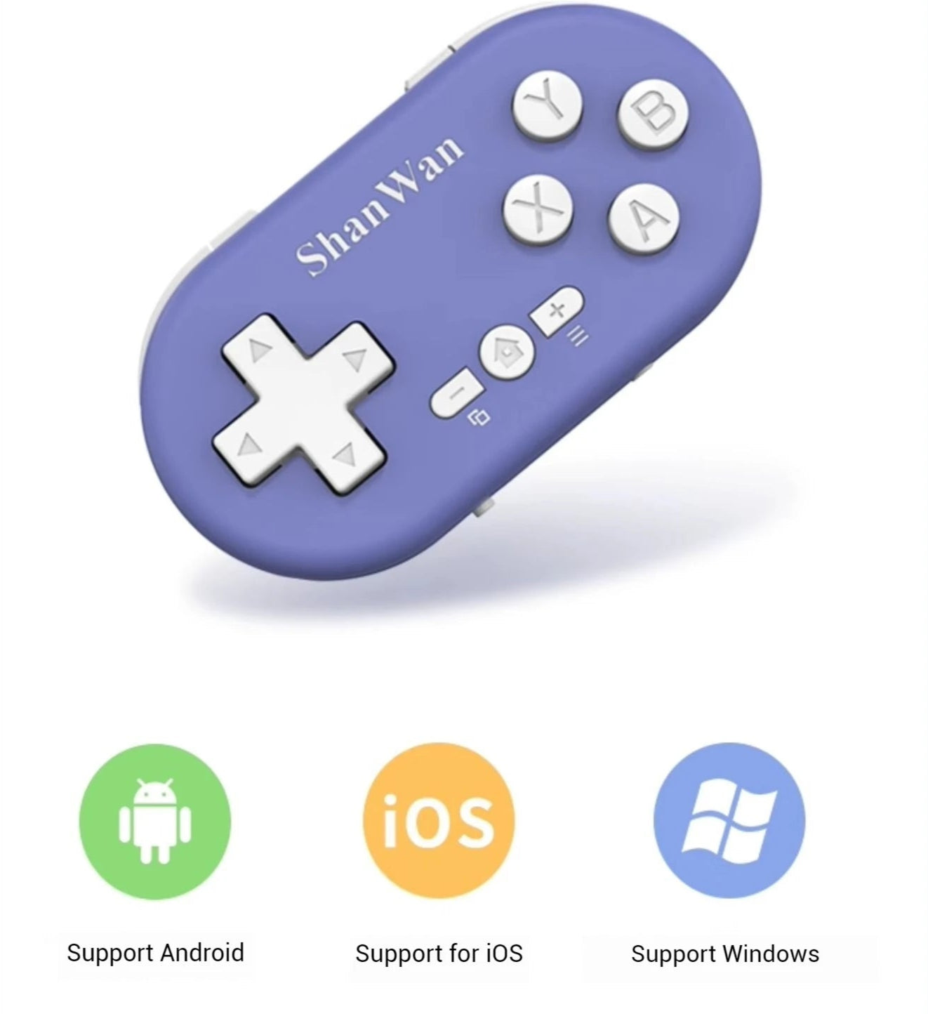 Purple game controller with 'ShanWan' branding on a light blue background, featuring text about multi-platform wireless connection.
