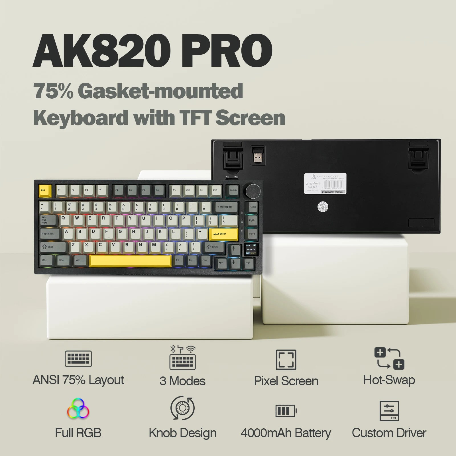 Ajazz AK820 Pro 75 % dichtungsmontierte Bluetooth 5.1/2,4G Wireless/Type-C Kabelgebundene mechanische Tastatur mit TFT-Bildschirm für Mac/Win