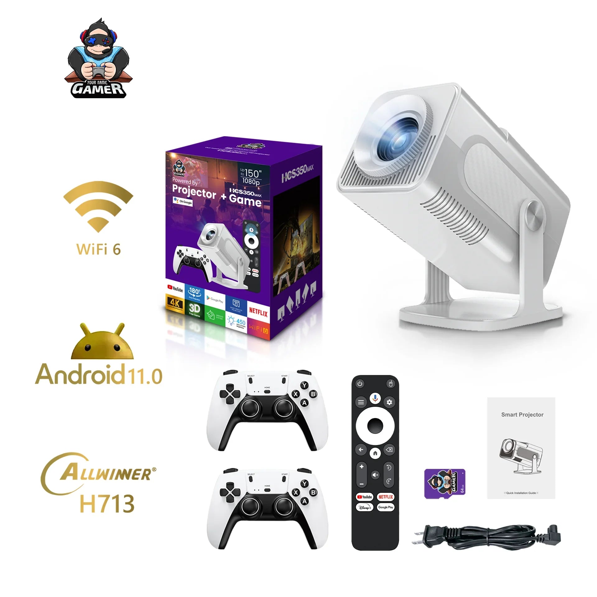 NEU HCS350 MAX Tragbare HD-Video-Retro-Spielkonsolen 10000 Android 11 LCD-Projektor Video Wifi Wireless Gamepad 3D-Heimkino