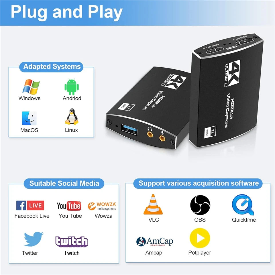 4K USB 3.0 Video Capture Card HDMI Bypass HDCP 1080P 60Hz HD Video Recorder Grabber For PS5 OBS Game Recording Live Streaming
