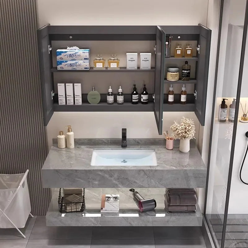 Vintage Light Grey Bathroom Vanity with Washbasin and Partition, Home Furniture