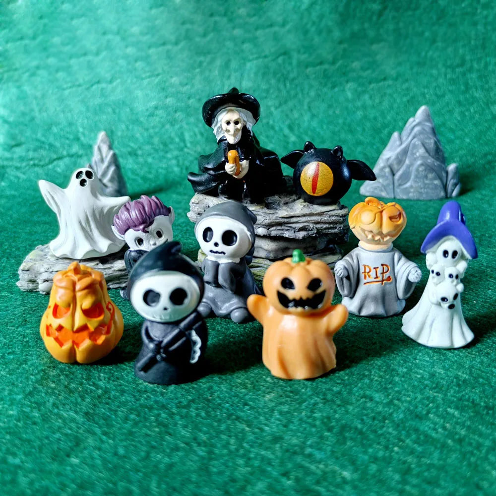 10 Stück Mini-Geist-Teufel-Zauberer, Festi-Kürbis-Schädel, Halloween-Dekoration, Kunstharz, Basteln, Miniaturfigur, winzig, für Feengarten-Dekor