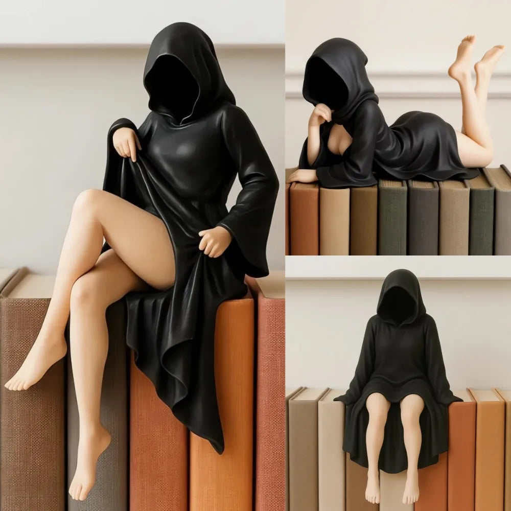 Halloween 3D Mysterious Statue Gothic Black Robe Queen Figure Bookshelf Sculpture Spooky Sitting Statues Desktop Ornaments Gifts