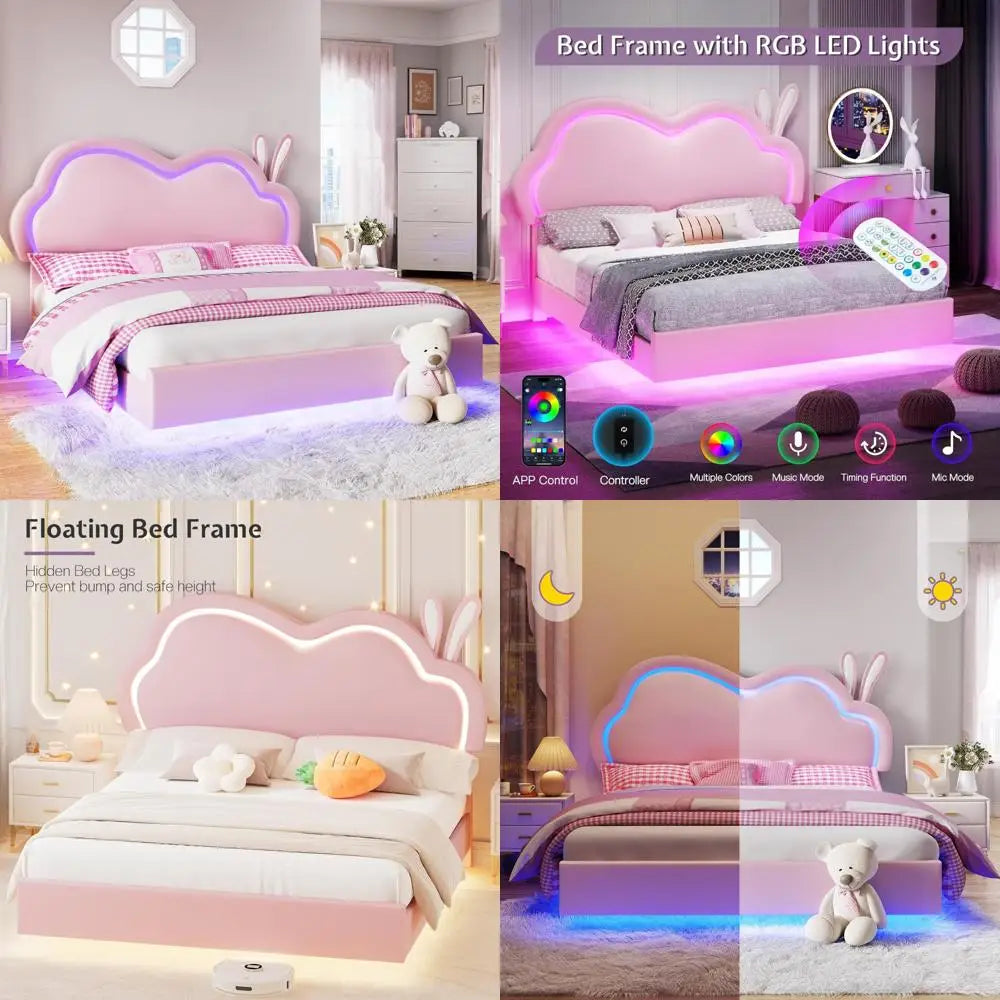 Pink Leather Upholstered Floating Bed Frame with Cute Cloud Headboard for Girls - No Box Spring Needed