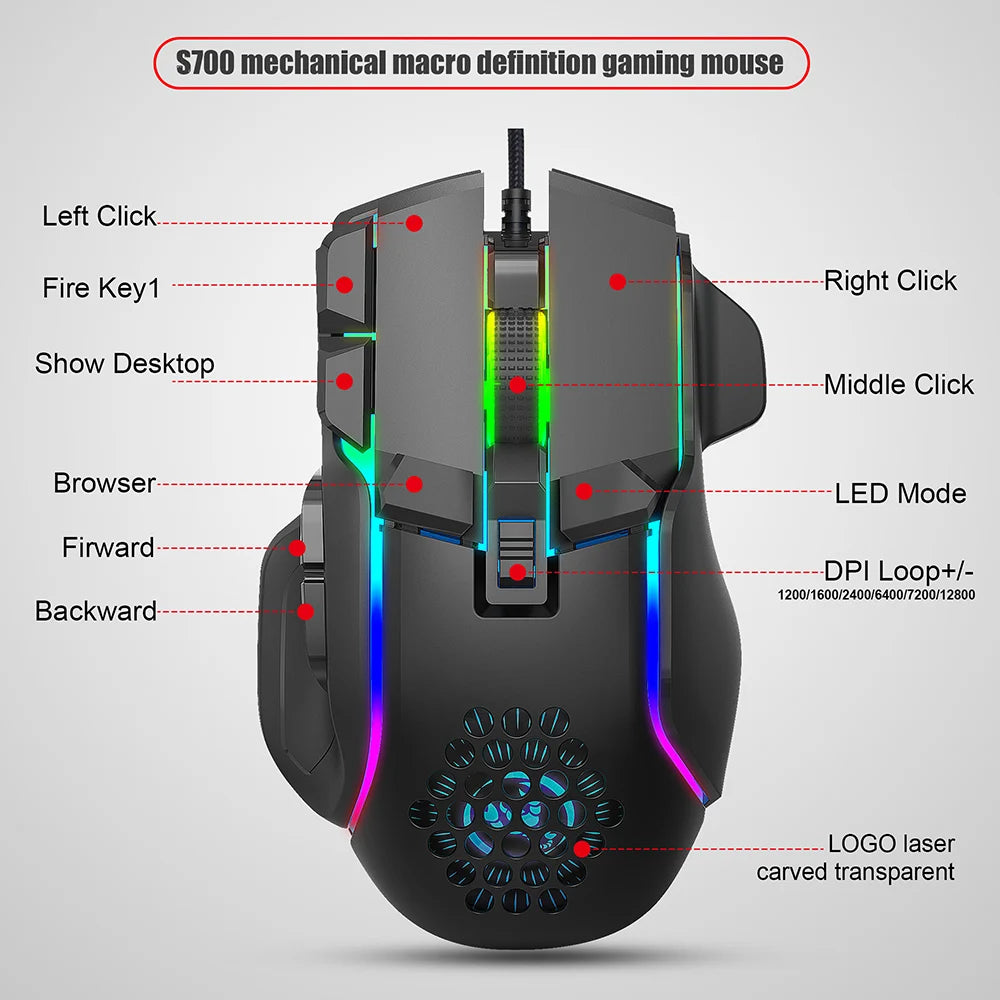Нова USB геймърска мишка, компютърна мишка с RGB подсветка, 10 бутона, програмиране, 7200dpi, ергономична геймърска мишка за компютър