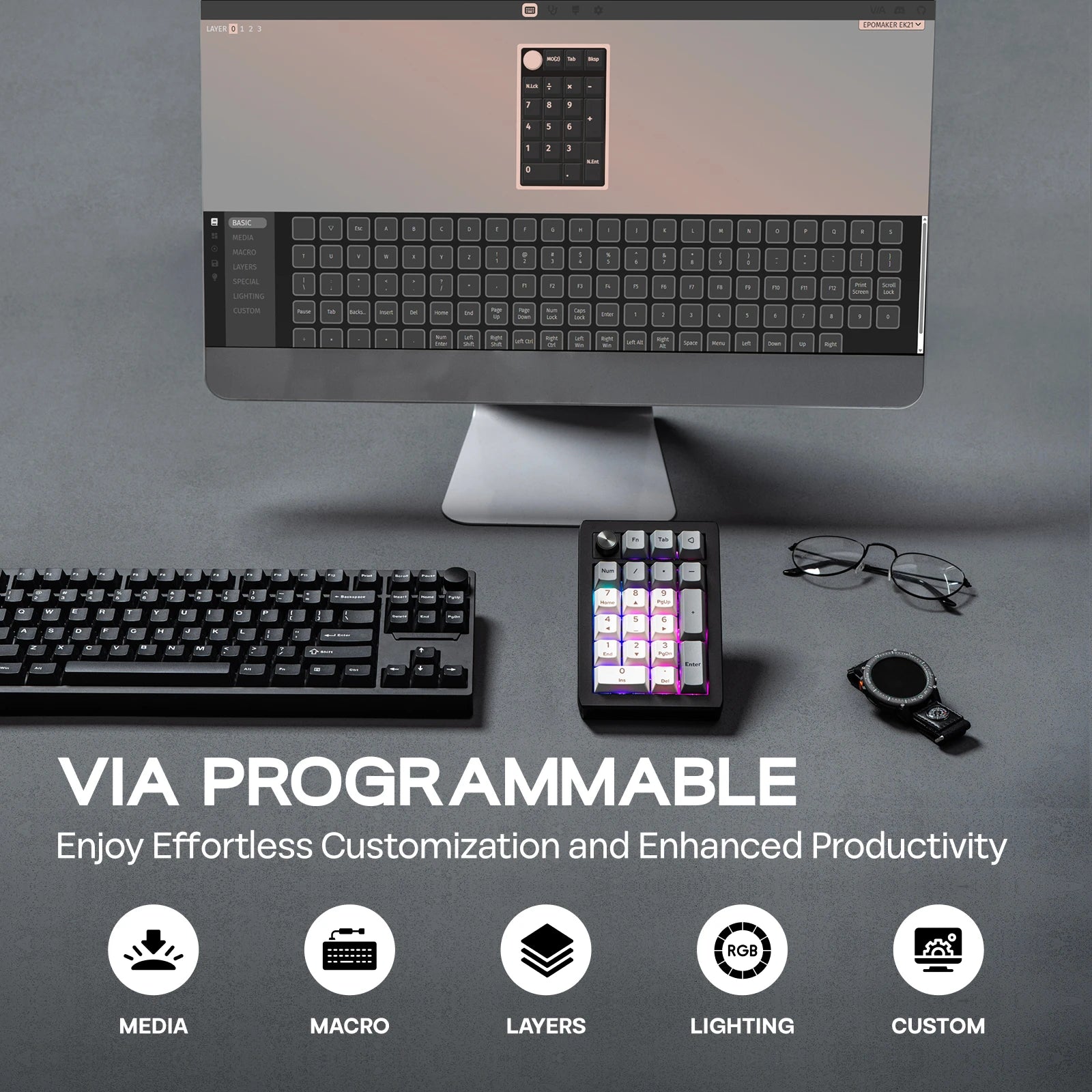 EPOMAKER EK21 VIA 20 % Dichtung, verkabelt/Bluetooth/2,4 GHz kabellos, NKRO-Nummernblock, Knopf aus Aluminiumlegierung, 1000 mAh Akku für Win/Mac/Gaming