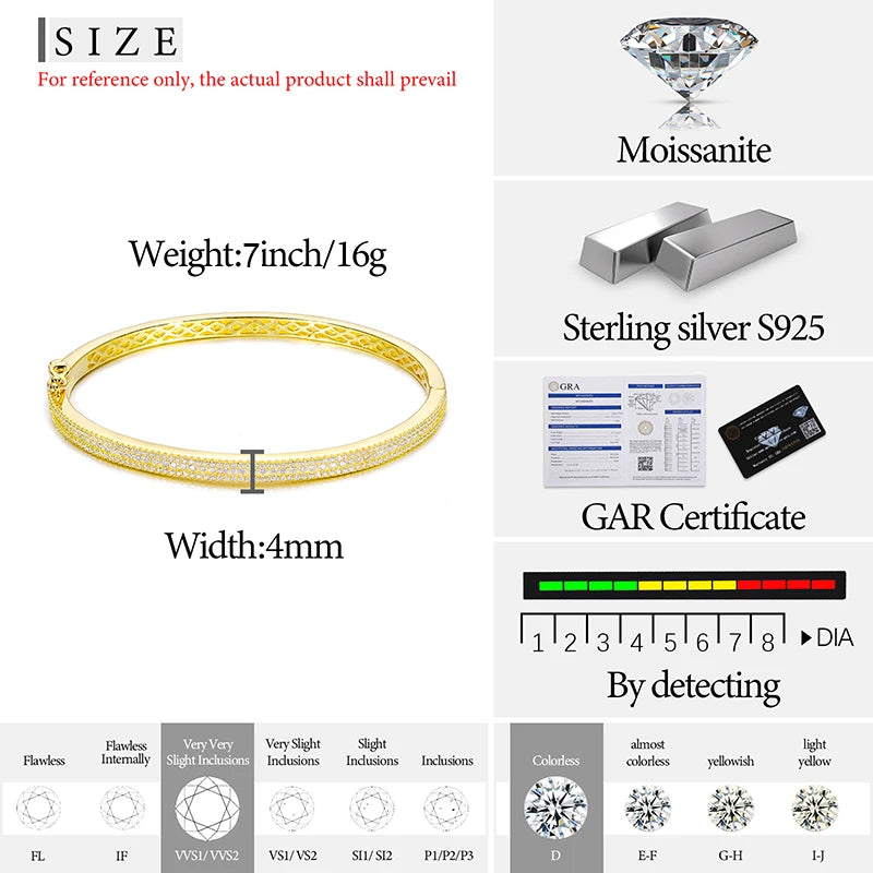 4MM D VVS 3-reihiger Moissanit S925 Manschettenarmreif für Männer Sterling Silber Micro Pave Fassung Bling Luxus Hip Hop Schmuck Geschenke