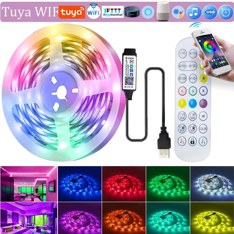 Tuya WiFi LED Strip Lights Smart Life USB 5050 RGB Lamp Tape TV PC Backlight Room Light Flexible Diode Work With Alexa Google