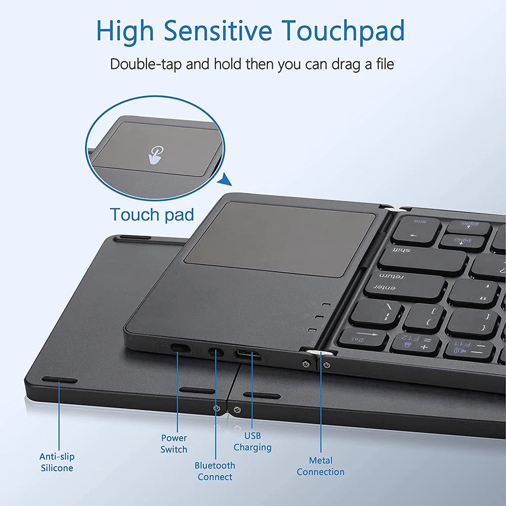 Neue tragbare Mini-Bluetooth-Tastatur mit dreifachem Klappmechanismus, kabellos, faltbar, Touchpad-Tastatur für iOS, Android, Windows, iPad, Tablet