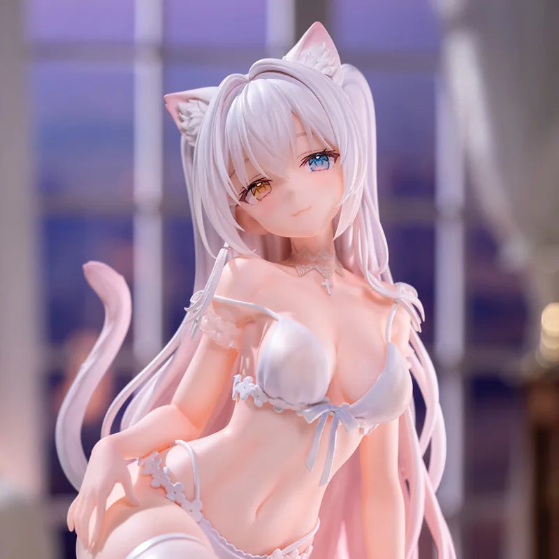 Anime Cat Girl Hanna Figure Original Art White Hair Pajamas Pvc Figurine Desktop Computer Case Decoration Anime Collectors