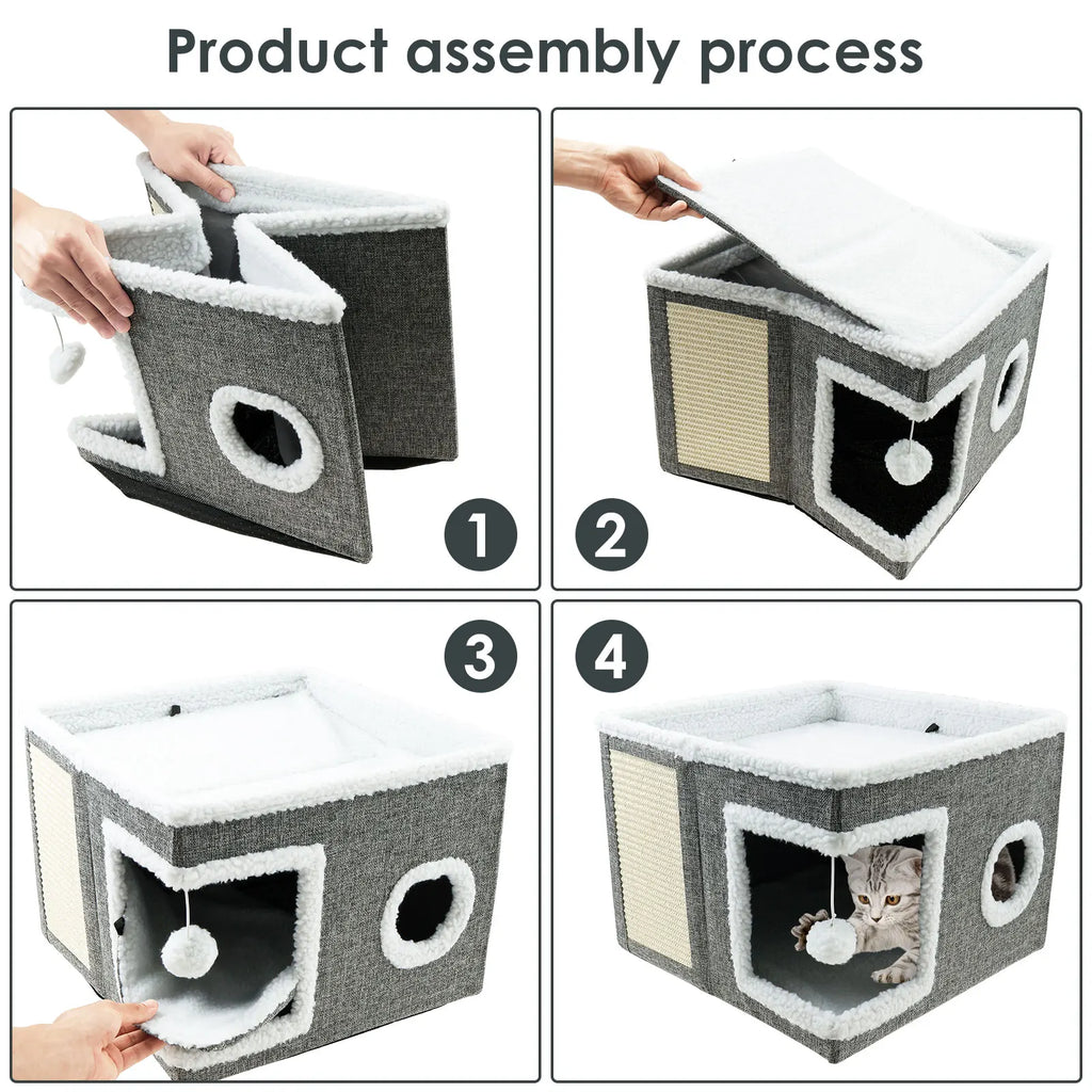 Cat House for Indoor Large Foldable Cat Bed Cave with Ball and Scratch Pad Cozy Kitty Hideaway for Kitten Small Pet Cat Houses