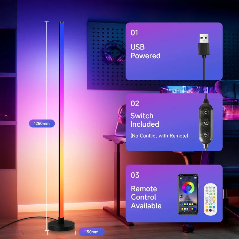 Smart RGB LED Floor Lamp Remote & APP Control Music Sync Corner Lighting Timer Modern Mood Standing Lamp for Living Room Gaming