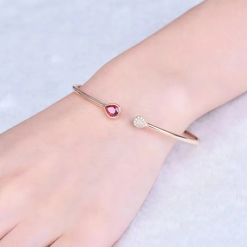 LOVERJEWELRY Bangle Solid 18K Rose Gold Pear Cut Natural Ruby Wedding Diamond Bracelet Promised Jewelry for Women Christmas Gift