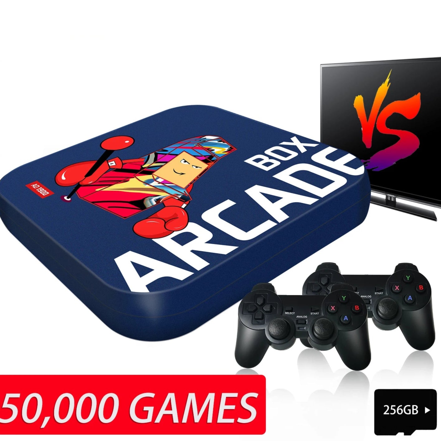 Gaming console with 'Box Arcade' branding, two controllers, and a TV displaying a colorful 'VS' graphic.