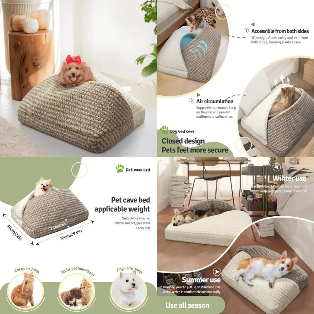 compact pet bed for dogs and cats, 22" x 30" folding cat cave with hooded cover, suitable for pets up to 33 lbs, cozy puppy bed