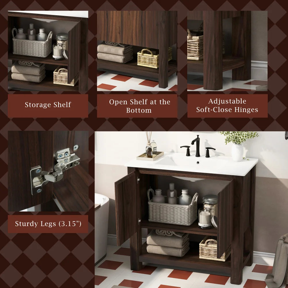 36" Modern Bathroom Vanity with Rectangle Ceramic Sink, Bathroom Cabinet with Large storage space and 45 Degrees Free-Handle