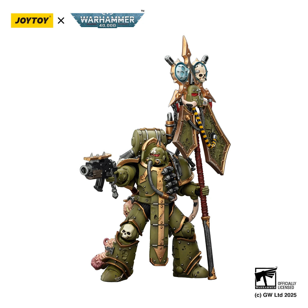 【MT】JOYTOY Warhammer 40K Death Guard Plague Marine Icon Bearer with Boltgun and Plague Knife 1/18 Action Figure Model