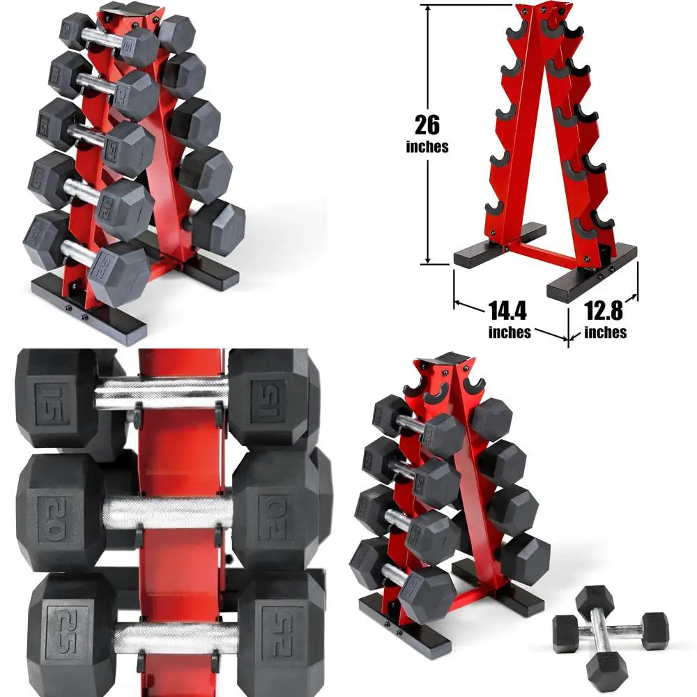 WF Athletic Supply 5-25Lb Rubber Coated Hex Dumbbell Set with A Frame Storage Rack Non-Slip Hex Shape for Muscle Toning, Strengt