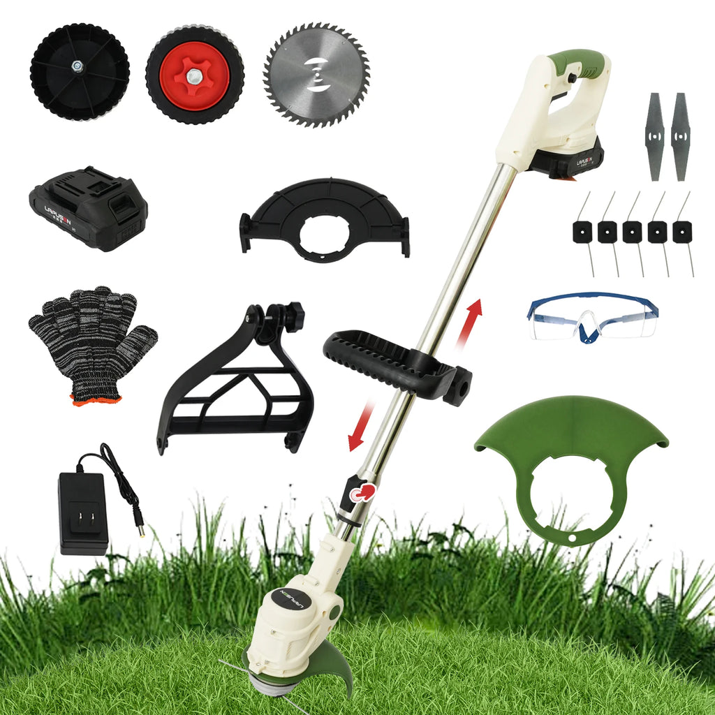 Akku-Rasentrimmer, elektrischer Rasenmähergriff, 21 V-D, 500 W, Unkrautvernichter mit Hilfsrädern, 1500 mAh Akku für den Garten