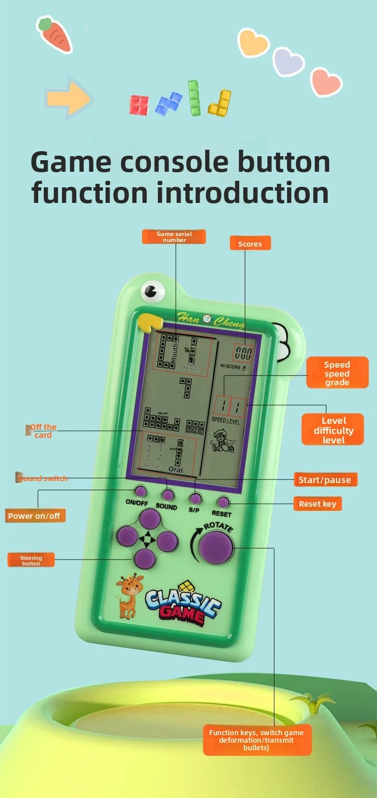 large-screen game console for tetris, retro and nostalgic toy, portable game machine for intelligence training