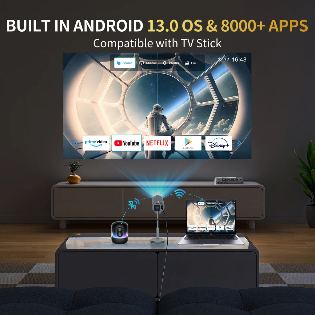 2025 NEW Android 13.0 Mini Projector 4K with Native 1080P 500 ANSI  Electric Focus Home Projector with Foldable Stand