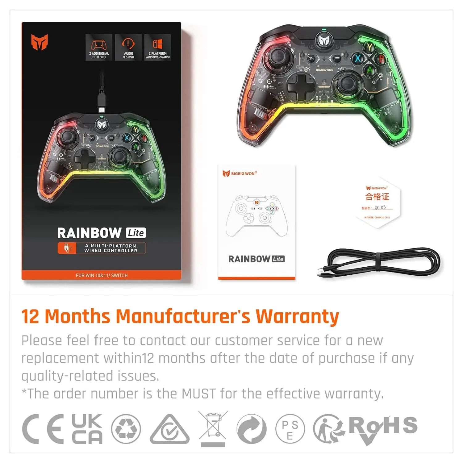 BIGBIG WON RAINBOW LITE /S Wired Game Controller for Switch , Win10/11 With Joystick RGB Light Audio Rainbow Athletic Alteration
