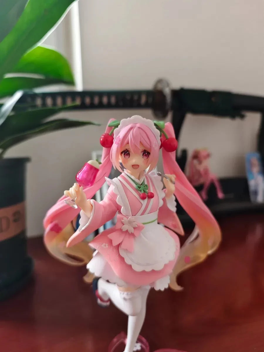 New 19cm Anime Hatsune Miku sakura Maid costume Standing posture Action Figure PCV Model statue Desktop ornament doll toy Gifts