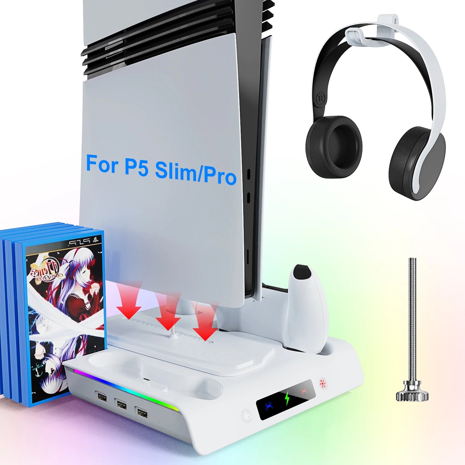 For PS5/PS5 Slim/PS5 Pro Stand with Headphone Hook, PS5 Cooling Stand and Controller Charging Station with 3-Stage Cooling Fan