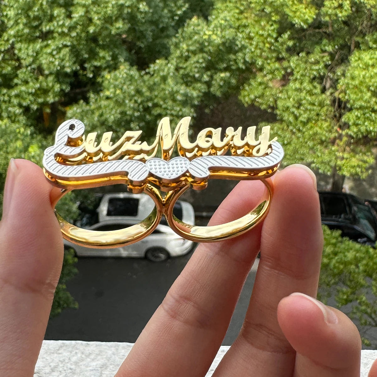 Custom Name Ring Stainless Steel Double Finger Ring Personalized 3D Double Layer Nameplate Women's Ring Jewelry Anniversary Gift