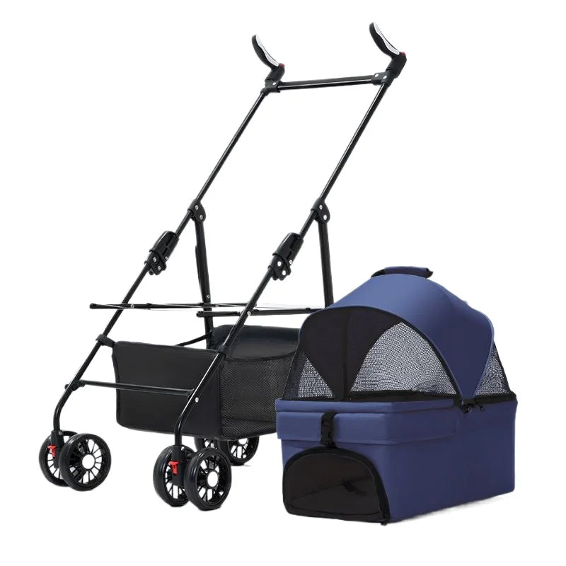 3-in-1-Hundebuggy, 4 Räder, zusammenklappbarer Haustierbuggy mit abnehmbarer Trage, atmungsaktive, sichtbare Netz-Reiseträger
