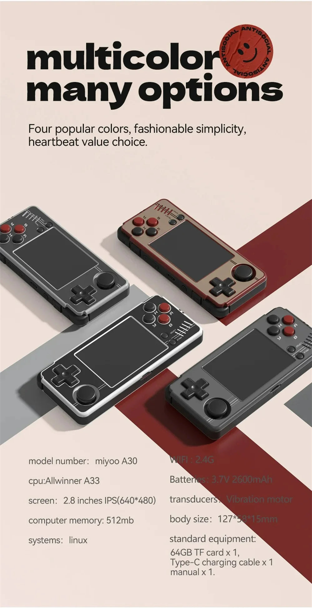 Retro Game Console Portable Handheld MIYOO A30 Portable Handheld Retro Game Open Source Linux System 2.8 IPS HD Screen WIFI