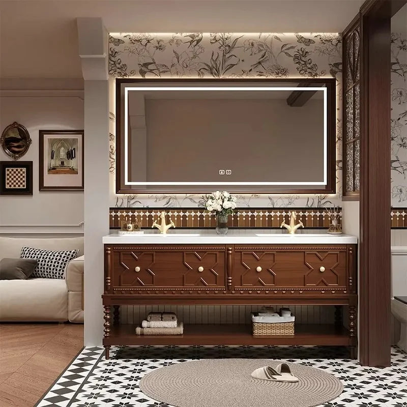 Customized Solid Wood Bathroom Vanity with Sintered Stone Sink, Toiletries Storage, and Smart Mirror Cabinet Package