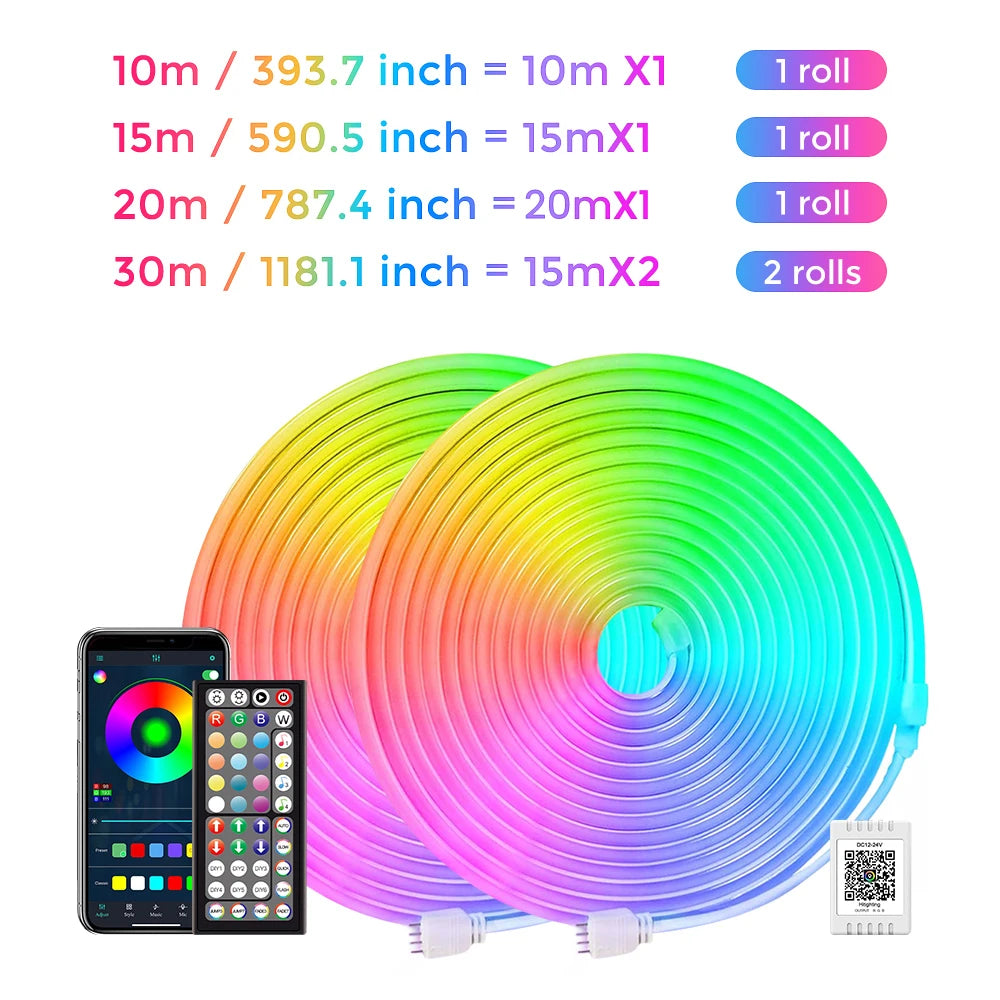 30M/20M/15M/10M RGB LED Neon Lights, Smart App Remote Control, Waterproof Music Sync Color Changing Rope for Bedroom Living Game