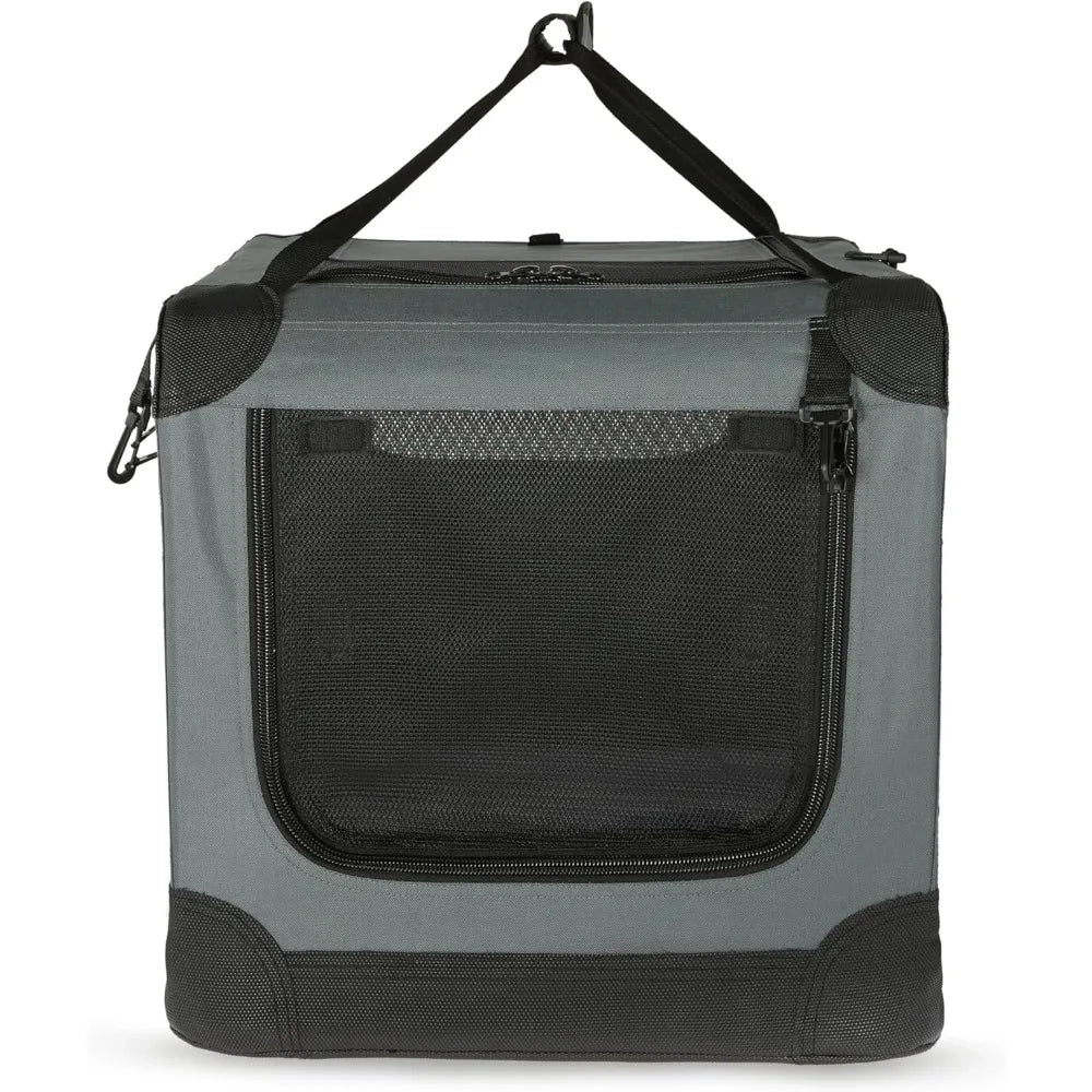 4-Doors Portable Soft-Sided Folding Travel Crate Kennel for cat, Dog, and Other Small Animals, Grey, M 30 x 21 x 2