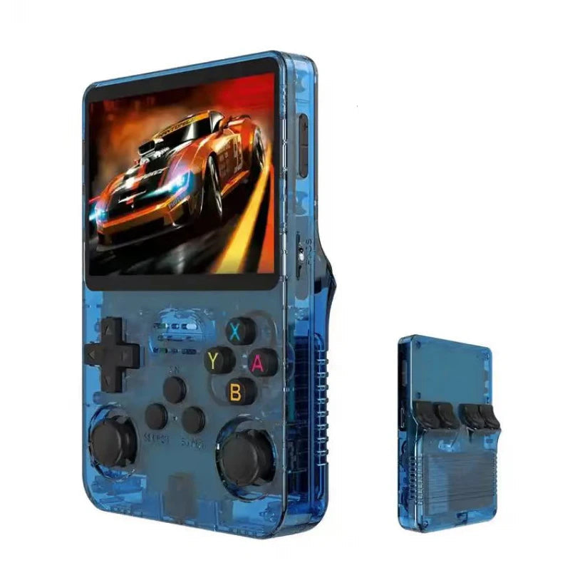 Blue handheld gaming console with screen displaying a racing game, on a white background.