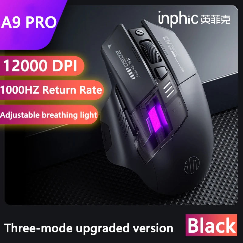 Inphic A9 PRO MAX Neue kabelgebundene/kabellose/Bluetooth-Gaming-Maus mit drei Modi, 1000 Hz Rücklaufrate, 12800 DPI kabellose Maus