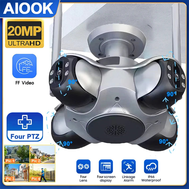 AIOOK Outdoor-Überwachungskamera, HD 25 MP, WLAN-IP-Kamera, 5 Objektive, 5 Bildschirme, 5 PTZ-Bewegungsverfolgung, 2-Wege-Gegensprechanlage, Farbnachtsicht