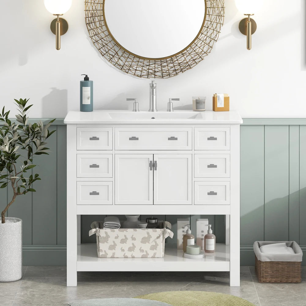 36'' Bathroom Vanity with Top Sink, Modern Bathroom Storage Cabinet with 2 Soft Closing Doors and 6 Drawers, Single Sink